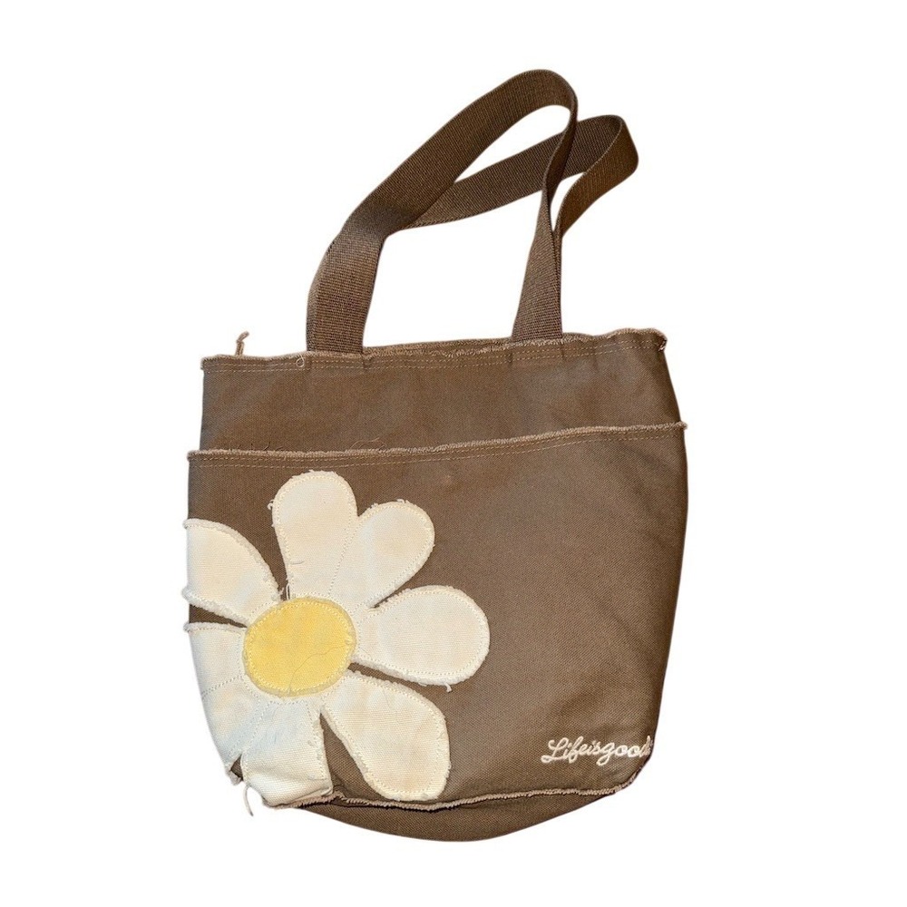 Life is Good Tote Bag Brown Medium Floral Daisy Applique Reusable Shopper boho - Picture 2 of 8